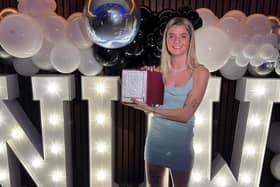 Kacie Elson is pictured with her manager's player of the season award for 2022-23 at Newcastle United Women.