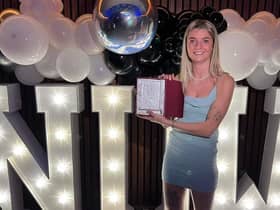 Kacie Elson is pictured with her manager's player of the season award for 2022-23 at Newcastle United Women.