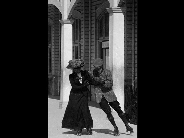 Rolling skating Edwardian couple on South Parade Pier 1909. Picture: Paul Costen collection