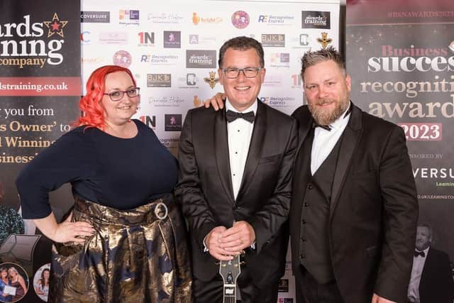 Awards organisers Stacey and Jamie Calder with MC Dave Sharpe. Photo by Vicki Head Photography