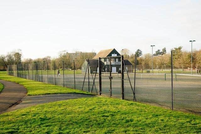 The tennis courts and pavilion at Victoria Park in Leamington.