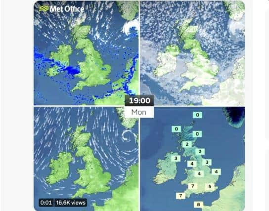 The Met Office forecast for 7pm this evening