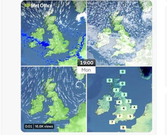 The Met Office forecast for 7pm this evening