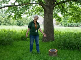 Judy Klinkenberg, volunteer at Charlecote Park with one of the new Tree Walk markers. Photo by Lyndsay Hooper