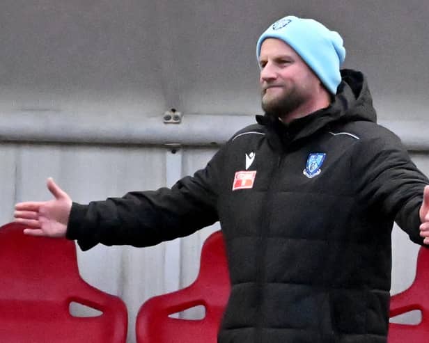 Carl Adams pictured during Rugby Town's 4-0 defeat at Boldmere on Saturday (Picture: Martin Pulley)