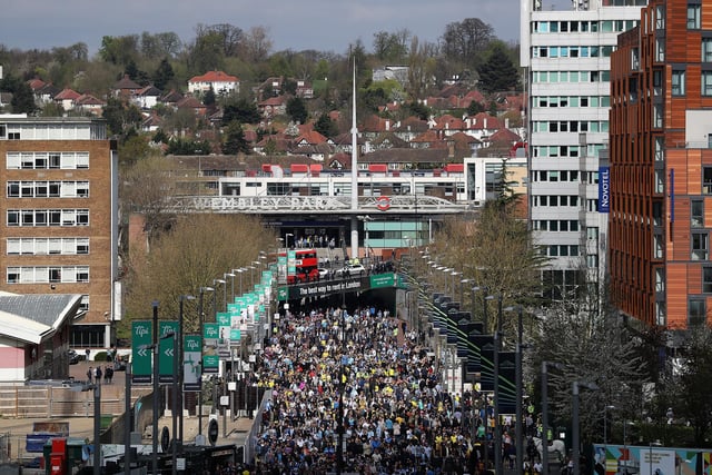 Fans arrive for the EFL Checkatrade Trophy Final between Coventry City v Oxford United at Wembley Stadium on April 2, 2017.