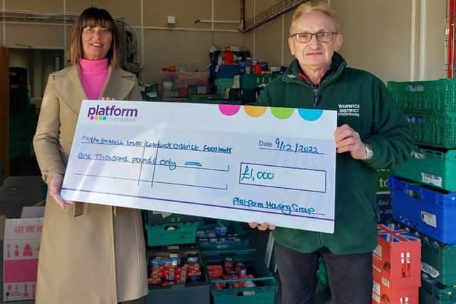 Platform’s Chief Operations Officer, Marion Duffy presenting the donation to Andy Bower, Operations Manager at Warwick District Foodbank. Photo supplied