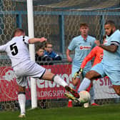 Rugby Town captain Loyiso Recci in action before he was red-carded in last weekend’s 2-0 defeat to Coventry Sphinx at Butlin Road. Picture by Martin Pulley