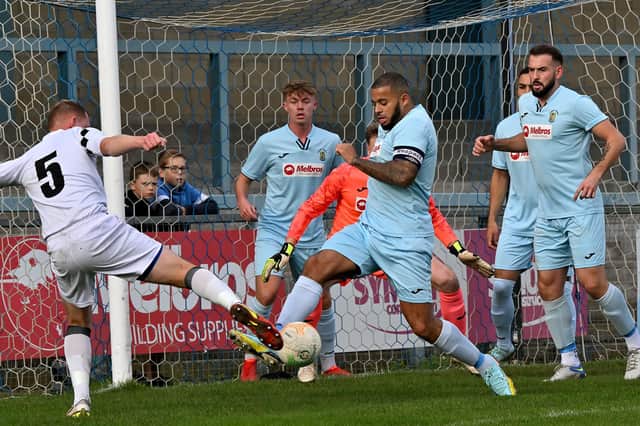 Rugby Town captain Loyiso Recci in action before he was red-carded in last weekend’s 2-0 defeat to Coventry Sphinx at Butlin Road. Picture by Martin Pulley