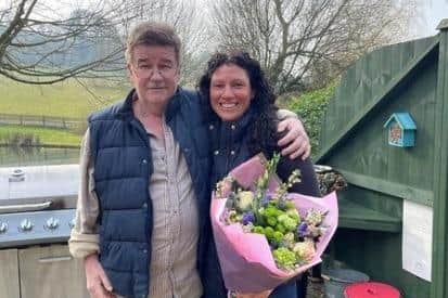 Steve Taylor presented Pip Blair with a bouquet during an emotional reunion at Winchcombe Farm, a holiday retreat he runs with his wife Jo Carroll, in Upper Tysoe.