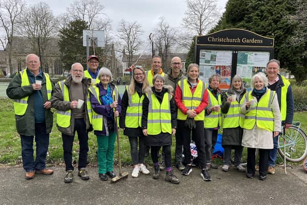 Volunteers for the Friends of Christchurch Gardens with Warwick District Council leader Cllr Andrew Day (far right) at the April tidy up event at the park. Picture supplied.