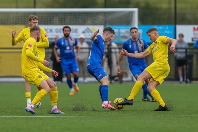 Action from Leamington's clash at Harborough Town on Saturday. Photo: Chris Simpson/LFC.