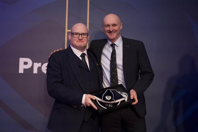 EDINBURGH, SCOTLAND - FEBRUARY 09: Scottish Rugby awards additional retrospective caps to male players. SRU President Colin Rigby with Tim Exeter at Scottish Gas Murrayfield Stadium, on February 09, 2024, in Edinburgh, Scotland. (Photo by Craig Williamson / SNS Group)
