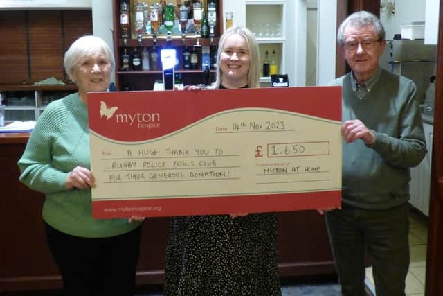 Left to right shows: Rosemarie Geden Secretary of Rugby Police Bowls Club, Laura Eaton from Myton Hospices and Chris Richards from Rugby Police Bowls Club. Photo supplied