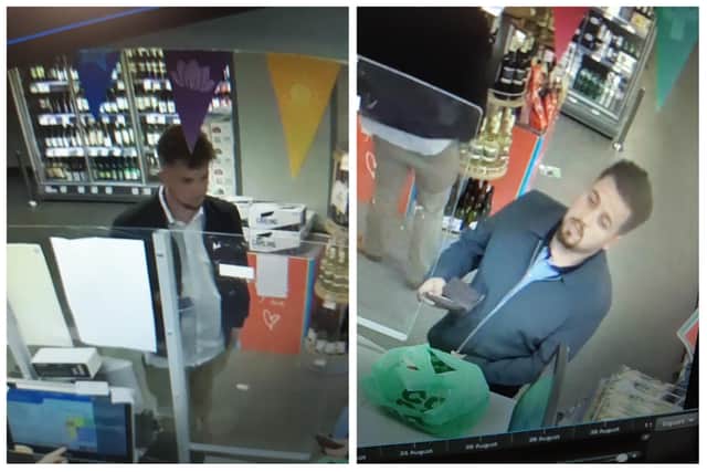 Police want to speak to these two men (pictured) who may be able to assist with enquiries into alleged robberies at two Rugby shops.