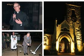 The Rev Edmund Newey addressing the congregation after the service. Right: The North Porch illuminated to reveal the church's stately appearance Below: Nicholas Winther, member of the Scrutiny and Oversight Committee offering a report on how the money was spent.     4  The North Porch illuminated to reveal it's stately appwearance