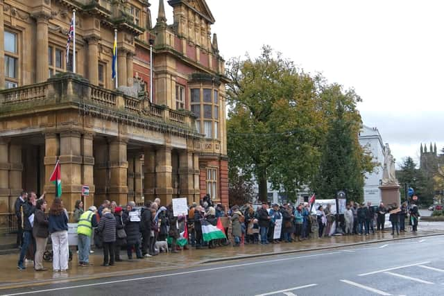 Saturday November 18th, 2023. Justice For Palestinians - Leamington Spa held a 1 hour vigil out side the Leamington Spa Town Hall from 1100 AM to 1200 noon. Photo credit: David Hastings.