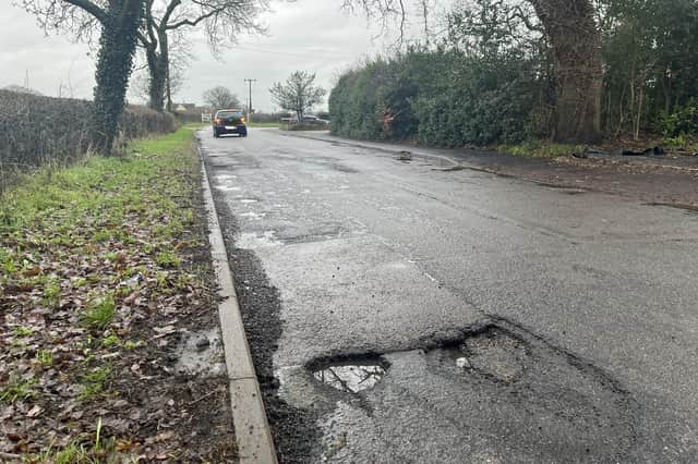 It's a rough ride along a stretch of Cawston Lane in Dunchurch - and this is just part of it.