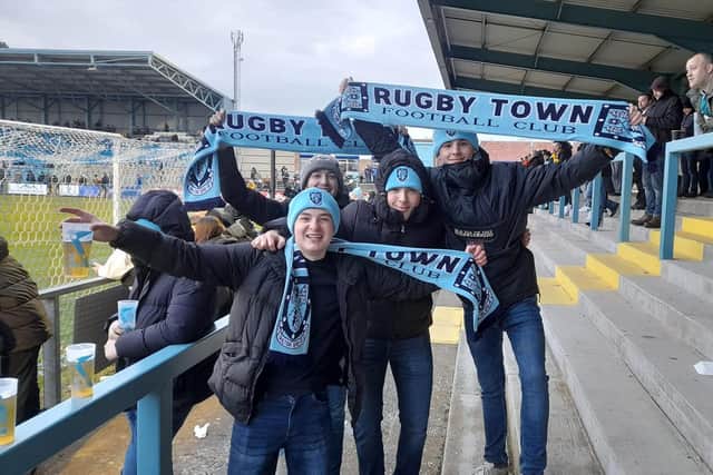 Oldham Athletic fans cheering on Rugby Town FC (Photo by The Oldham Groundhopper)