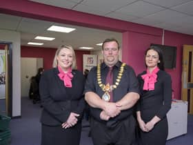 From left: Fleur Sexton, Cllr Nick Wilkins and Leia Welland, Head of Skills at PET-XI, at PET-Xi’s office at Royal Leamington Spa College