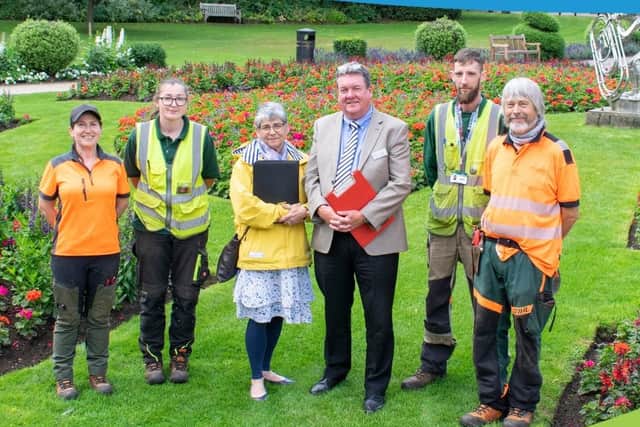 Heart of England in Bloom judges Nicola Clarke and Joe Hayden (centre) who met Rugby Borough Council gardeners (left to right) Catherina Holyoak, Leah Anderson-Howe, Bradley Herriott and Chris Cox at Caldecott Park during the tour of the town in July.