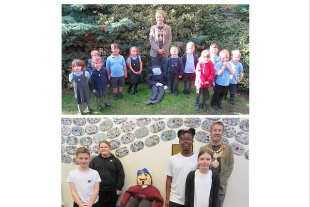 The Mayor of Warwick, Cllr Oliver Jacques visited Westgate and Newburgh Primary Schools to see guys made by the children for the bonfire at the annual fireworks event being held on November 4. Top shows the Mayor with Westgate Primary School pupils and their guy. Bottom shows the Mayor with children from Newburgh Primary School and their guy. Photos supplied