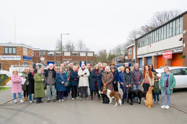 Business owners and residents protesting against the plans to build a student complex on premises in the Althorpe Street industrial estate in Leamington. Credit: MIke Baker.