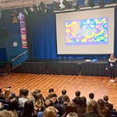 Rosie Rudin ambassador for The OddBalls Foundation speaks to pupils at Myton School in Warwick. Photo supplied
