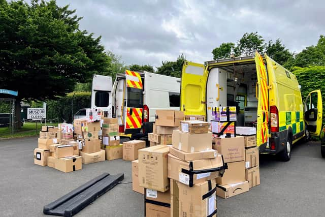 Ambulances ready to be loaded up with medical supplies at Wellesbourne Airfield. Photo supplied