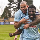 Liam Francis celebrates scoring Rugby's third goal against Eynesbury with Loyiso Recci. Pictures by Martin Pulley