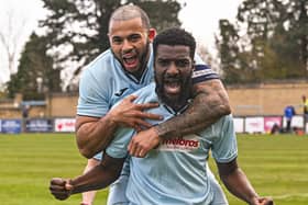 Liam Francis celebrates scoring Rugby's third goal against Eynesbury with Loyiso Recci. Pictures by Martin Pulley