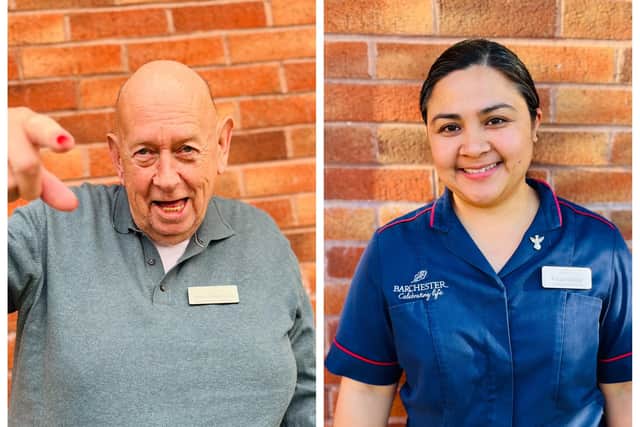 Resident Bruce Williamson and nurse Fritzie Salazar of Cubbington Mill Care Home are both up for a national award in the Barchester Care Awards 2023. Photos supplied.