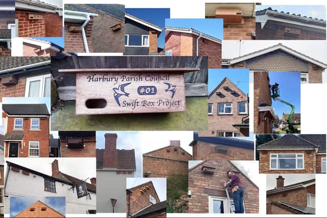 A collage of the swift nesting boxes installed around Harbury as part of the Harbury Swift Project.
