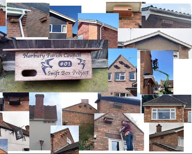 A collage of the swift nesting boxes installed around Harbury as part of the Harbury Swift Project.