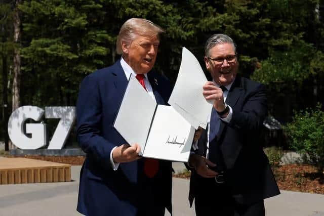 The UK-US trade deal has been signed and is “done”, US President Donald Trump said as he met with Sir Keir Starmer at the G7 summit. Photo: Suzanne Plunkett/PA Wire.