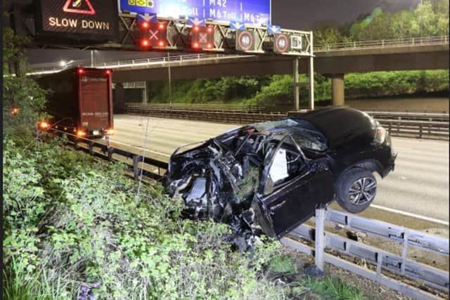 The Nissan X-Trail as seen when emergency services arrived. This image has been released by Warwickshire Police to show the devastation of the crash.