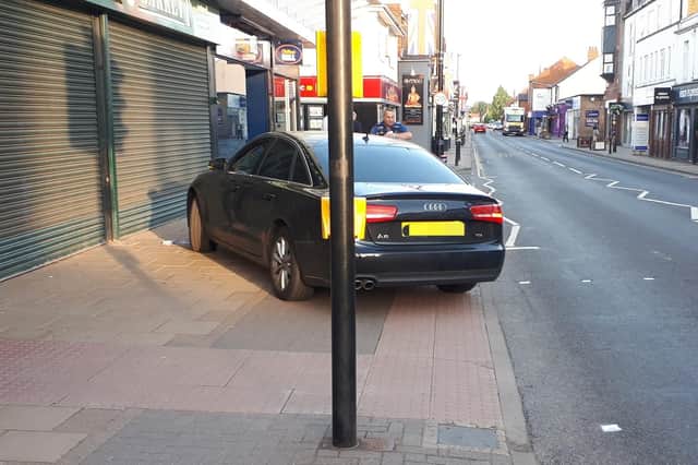 This inconsiderate driver left their car parked across on the footpath at a pedestrian crossing in Kenilworth tonight (Monday).Photo by Kenilworth and Warwick Rural Police.