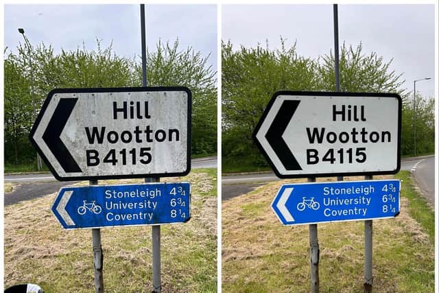 Before and after photos of the road signs Cory cleaned. Photos supplied