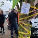 Harry Potter star David Bradley (wearing a flat cap and facing the camera) was among the Leamington residents protesting against the felling of the hornbeam tree in Farley Street, Leamington. Picture supplied.