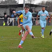 Caine Elliott opened the scoring from the penalty spot but Rugby Town could only manage a 4-4 draw at GNG Oadby Town last weekend. Picture by Martin Pulley