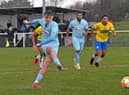 Caine Elliott opened the scoring from the penalty spot but Rugby Town could only manage a 4-4 draw at GNG Oadby Town last weekend. Picture by Martin Pulley
