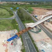 HS2 has moved this 1,100 tonne viaduct over two M42 and M6 link roads in Warwickshire. Image courtesy of HS2,