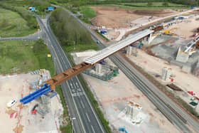 HS2 has moved this 1,100 tonne viaduct over two M42 and M6 link roads in Warwickshire. Image courtesy of HS2,
