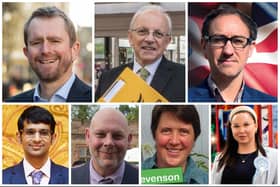 The Rugby candidates (from top left, going clockwise): John Slinger (Labour), Richard Dickson (Liberal Democrats), Yousef Dahmash (Conservative), Devenne Kedward (Reform UK), Becca Stevenson (Green Party), Mark Townsend (Independent) and Anand Prakash Swayamprakasam (Independent).