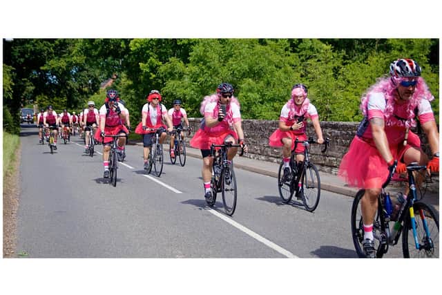 The riders took part in a three-day challenge, cycling from York through The Pennines and Derbyshire before arriving at The Durham Ox in Shrewley. Photo by Dave Fawbert