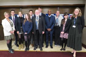Students & teachers from Aylesford, Warwick, Kings High, &amp; Myton schools with President Dick Dixon