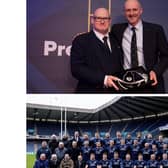 Top: Scottish Rugby Union president Colin Rigby presents Tim Exeter (right) with his international cap. Bottom: Tim (middle row far right) has a team picture taken with current and former Scotland Rugby players at Murrayfield before the match on Saturday. (Photos by Craig Williamson / SNS Group).