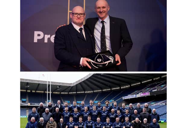 Top: Scottish Rugby Union president Colin Rigby presents Tim Exeter (right) with his international cap. Bottom: Tim (middle row far right) has a team picture taken with current and former Scotland Rugby players at Murrayfield before the match on Saturday. (Photos by Craig Williamson / SNS Group).