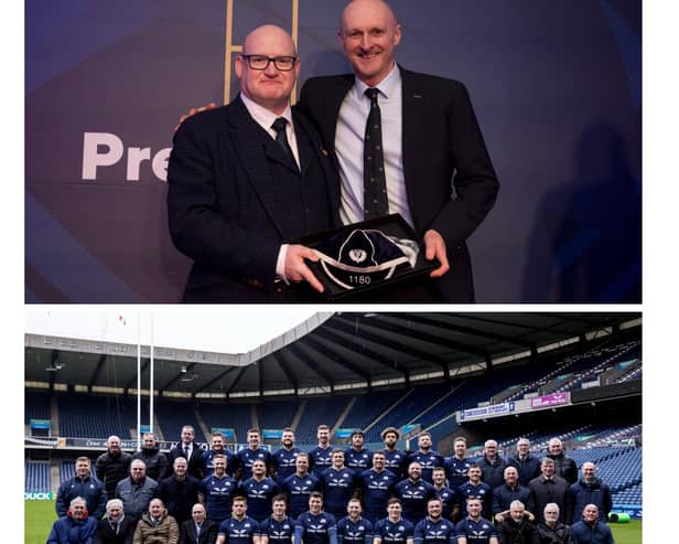 Top: Scottish Rugby Union president Colin Rigby presents Tim Exeter (right) with his international cap. Bottom: Tim (middle row far right) has a team picture taken with current and former Scotland Rugby players at Murrayfield before the match on Saturday. (Photos by Craig Williamson / SNS Group).