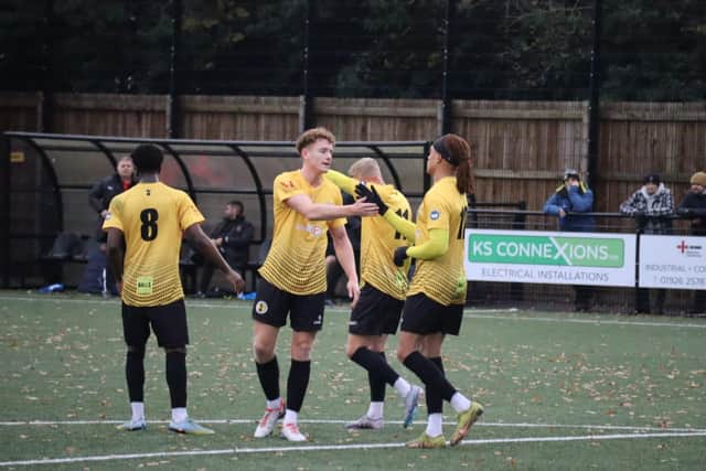 Louis Monaghan celebrates opening the scoring against Histon Town.